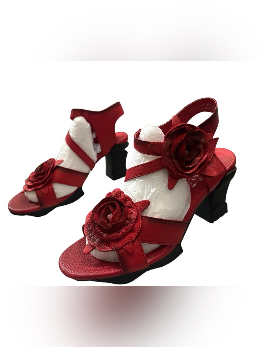 L’Artiste Shelly Red Heels Leather Rose Sculptural Heel NEW - Picture 9 of 11